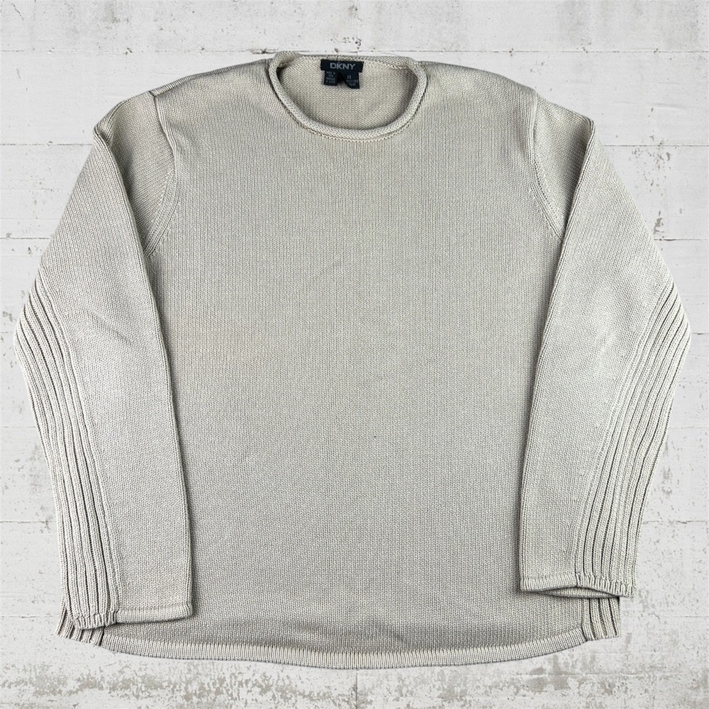 DKNY Sweater Mens XL Beige Ribbed Side Panel Cotton Knit Minimalist Casual Cream